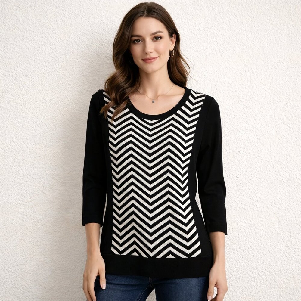 J'Envie New York Black and White Chevron 3/4 Sleeve Sweater Women's Size Small